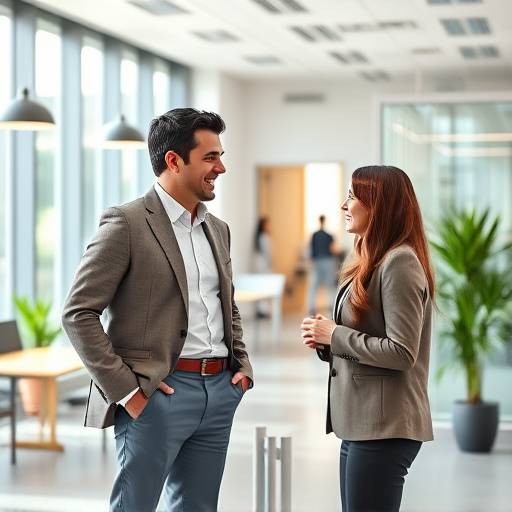 Dos personas conversando en una consulta sobre cursos de oratoria