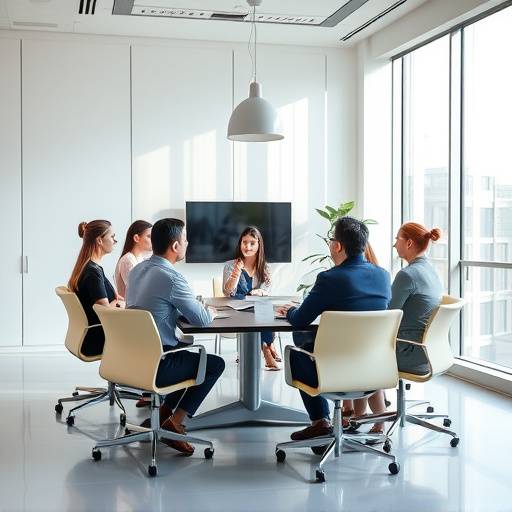 Un equipo de personas colaborando en una sala de reuniones luminosa y moderna.
