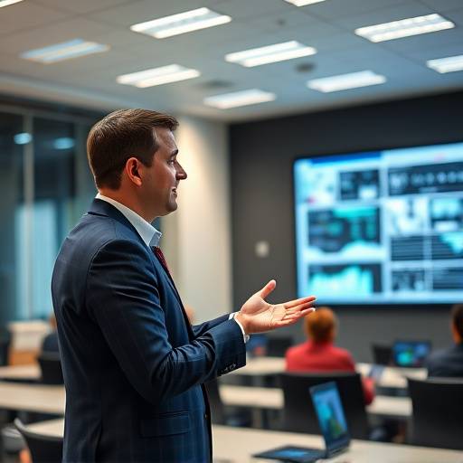 Un instructor dando una presentaci√≥n en un aula equipada con tecnolog√≠a avanzada.